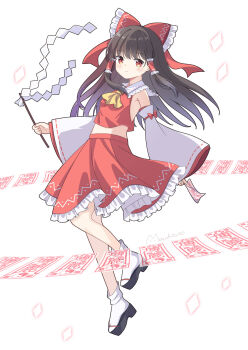 1girl absurdres ascot between_fingers blush bow breasts brown_hair commentary_request detached_sleeves frilled_bow frilled_hair_tubes frilled_skirt frills full_body gohei hair_bow hair_tubes hakurei_reimu highres holding holding_gohei kk0220 long_hair looking_at_viewer midriff ofuda ofuda_between_fingers platform_sandals red_bow red_eyes red_skirt revision ribbon-trimmed_sleeves ribbon_trim sandals skirt skirt_set small_breasts socks solo touhou white_background white_socks yellow_ascot