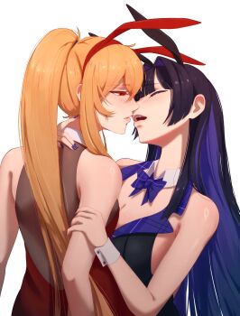Rule 34 | 2girls, absurdres, bare arms, black dress, blonde hair, blush, bow, bowtie, breasts, cleavage, closed eyes, commentary, detached collar, dress, english commentary, hair intakes, highres, hololive, hololive english, hololive indonesia, kaela kovalskia, long hair, looking at another, multiple girls, open mouth, ouro kronii, parted lips, ponytail, purple bow, purple bowtie, purple hair, purple nails, red dress, red eyes, simple background, srewe5, virtual youtuber, white background, wrist cuffs, yuri