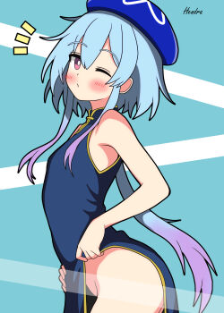 1boy absurdres arknights artist_name blue_dress blue_hair blue_hat blush china_dress chinese_clothes closed_mouth commentary crossdressing crossdressing_(mtf) dress gradient_hair hat hendra highres long_hair male_focus mizuki_(arknights) multicolored_hair no_panties notice_lines one_eye_closed purple_hair signature solo trap
