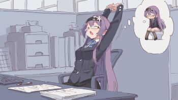 1girl ^_^ arms_up between_legs black_footwear black_hairband black_jacket black_pantyhose black_skirt blue_ribbon blush breasts breath buttons chair closed_eyes clothes_pull collared_shirt computer_keyboard cubicle desk female_focus glasses hair_between_eyes hairband hand_between_legs have_to_pee highres imagining indoors interlocked_fingers jacket knees_together_feet_apart long_hair long_sleeves miniskirt motion_lines multiple_views neck_ribbon on_chair open_mouth original own_hands_together panties panty_pull pantyhose pantyhose_pull paper paper_stack pen pencil_skirt pocket puff_of_air purple_hair ribbon rune_(dualhart) semi-rimless_eyewear shirt shoes sidelocks sitting skirt small_breasts speech_bubble stretching swivel_chair teacher tears thought_bubble toilet_use u_u underwear upper_body v_arms white_panties white_shirt yawning yurina_(rune_(dualhart))
