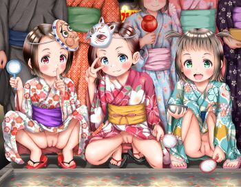 3girls black_hair blue_eyes blush candy_apple cleft_of_venus decensored exhibitionism fang fat_mons finger_to_mouth food goldfish_scooping green_eyes higeepon highres japanese_clothes kimono loli looking_at_viewer mask multiple_girls no_panties poi_(goldfish_scoop) public_indecency pussy red_eyes short_hair short_twintails shushing squatting third-party_edit twintails uncensored v yukata