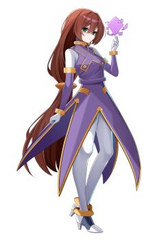 Rule 34 | 1girl, absurdres, adapted costume, alternate costume, android, bodystocking, breasts, brown hair, commission, commissioner upload, eyelashes, gauntlets, gloves, green eyes, hair between eyes, high heels, highres, iris (mega man), long bangs, long hair, long skirt, low-tied long hair, medium breasts, mega man (series), mega man x4, mega man x (series), mega man zero (series), non-web source, petite, ponytail, skirt, solo, transparent background, wayanfa, white gloves