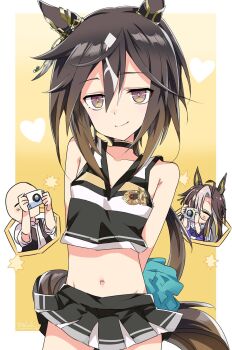 1boy 2girls animal_ears bare_shoulders black_choker black_skirt black_vest bow bowtie brown_eyes brown_hair camera cheerleader choker closed_mouth collarbone colored_inner_animal_ears cowboy_shot crop_top dream_journey_(umamusume) ear_ornament feathers gradient_hair hair_between_eyes heart highres holding holding_camera holding_pom_poms horse_ears horse_girl horse_tail kugimiya_atsuki long_hair looking_at_viewer miniskirt multicolored_hair multiple_girls navel pom_pom_(cheerleading) pom_poms puffy_short_sleeves puffy_sleeves purple_bow purple_bowtie school_uniform shirt short_sleeves skirt smile stay_gold_(umamusume) streaked_hair tail taking_picture tracen_school_uniform trainer_(umamusume) umamusume vest white_hair white_shirt yellow_background yellow_eyes