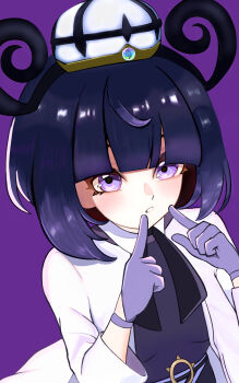 1girl black_dress black_hair blunt_bangs breasts coat commentary dress gloves gwynn_(pokemon) hands_up hat highres index_fingers_raised medium_hair nariyusan331 nintendo open_clothes open_coat pokemon pokemon_legends:_z-a purple_background purple_eyes simple_background solo upper_body white_coat