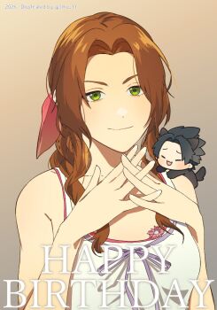 Rule 34 | 1boy, 1girl, 3mu ff, aerith gainsborough, animal ears, bare shoulders, birthday, black hair, brown hair, closed mouth, commentary request, crisis core: final fantasy vii, dog ears, dog tail, dress, final fantasy, final fantasy vii, green eyes, hair ribbon, happy birthday, highres, long hair, looking at viewer, mini person, miniboy, on shoulder, own hands together, parted bangs, pink ribbon, ribbon, smile, tail, twitter username, upper body, white dress, zack fair