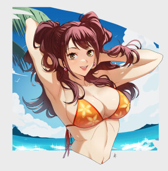 Rule 34 | 1girl, armpits, bare shoulders, beach, bikini, breasts, brown eyes, brown hair, cleavage, collarbone, commission, earrings, highres, jewelry, kujikawa rise, long hair, looking at viewer, medium breasts, navel, open mouth, orange bikini, palm leaf, persona, persona 4, smile, solo, swept bangs, swimsuit, two side up, vgen commission, zedoraart