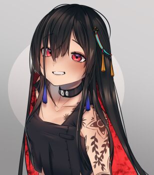 1girl arm_tattoo black_choker black_hair blush choker collarbone colored_inner_hair crop_top henna highres looking_up multicolored_hair nijisanji nijisanji_in noor_(nijisanji) noto_hams red_eyes red_hair smile solo tattoo upper_body virtual_youtuber