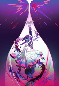 1girl absurdres animal_print black_hair black_jacket black_pants bug butterfly_hair_ornament butterfly_print butterfly_print_haori centipede demon_slayer_uniform dragonfly facing_away fenzisheng1 fighting_stance from_behind full_body gradient_hair hair_ornament haori hashtag-only_commentary highres holding holding_weapon insect jacket japanese_clothes kimetsu_no_yaiba kochou_shinobu medium_hair multicolored_hair outstretched_arm pants print_haori purple_hair sidelocks solo updo weapon