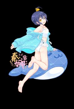 1girl :d ass bare_shoulders barefoot bikini black_background black_hair breasts chuunibyou_demo_koi_ga_shitai! green_eyes grey_jacket gu_shi hair_ribbon heterochromia highres inflatable_toy jacket looking_at_viewer no_eyepatch one_side_up open_clothes open_jacket open_mouth ribbon short_hair small_breasts smile swimsuit takanashi_rikka translation_request white_bikini yellow_eyes yellow_ribbon