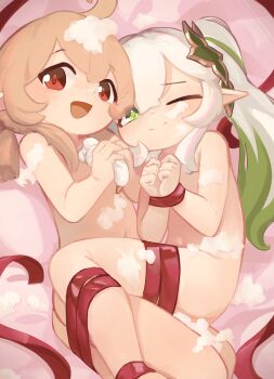 2girls :d absurdres asymmetrical_hair closed_mouth convenient_censoring cross-shaped_pupils feet_out_of_frame genshin_impact green_eyes green_hair hair_ornament highres kanbaki klee_(genshin_impact) leaf_hair_ornament loli looking_at_viewer lying multicolored_hair multiple_girls nahida_(genshin_impact) naked_ribbon navel on_side one_eye_closed open_mouth pointy_ears red_eyes red_ribbon ribbon side_ponytail smile soap_bubbles soap_censor streaked_hair symbol-shaped_pupils white_hair