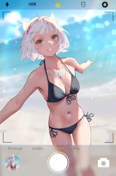 1girl absurdres animal_ears beach bikini black_bikini breasts cat_ears cleavage evan_(pixiv7510743) fake_phone_screenshot fake_screenshot feet_out_of_frame front-tie_bikini_top front-tie_top grey_hair highres horizon medium_breasts mio_(xenoblade) ocean outstretched_arms parted_bangs short_hair side-tie_bikini_bottom solo swimsuit taking_picture user_interface viewfinder xenoblade_chronicles_(series) xenoblade_chronicles_3 yellow_eyes