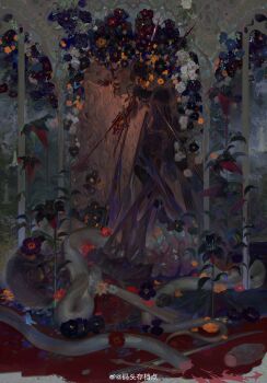 024_(1a41a4) 1boy absurdres black_flower black_robe blood blood_on_face blood_on_hands fate/apocrypha fate_(series) flower flower_request highres impaled long_hair long_sleeves looking_at_viewer male_focus orange_flower robe snake snake_wrapped_around_arm solo sword teeth very_long_hair vlad_iii_(fate/apocrypha) weapon white_flower yellow_flower