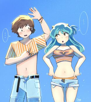 ... 1boy 1girl bikini bikini_bottom_under_shorts bikini_under_clothes blue_background blue_pants blue_shorts bracelet breasts brown_hair collarbone commentary cone_horns couple dated english_commentary green_hair halterneck hetero highres horns jewelry long_hair looking_at_another lum moroboshi_ataru mosyart motion_lines navel open_fly open_mouth orange_bikini pants partially_undressed shirt short_hair shorts signature speech_bubble spoken_ellipsis standing striped_bikini striped_clothes striped_shirt swimsuit swimsuit_under_clothes undressing urusei_yatsura