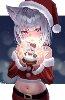 1girl absurdres animal_ear_fluff animal_ears artist_name bare_shoulders belt black_belt blunt_bangs blush bow braid cat_girl character_doll christmas collarbone commentary cowboy_shot crop_top doll fur-trimmed_sleeves fur_trim hair_bow hair_ornament hairclip hands_up hat highres holding holding_snow_globe kensiejan letterboxed lips long_sleeves looking_at_viewer medium_hair midriff navel night original outdoors parallel_hairclips parted_lips pom_pom_(clothes) purple_eyes red_bow red_skirt santa_costume santa_hat short_eyebrows single_braid skirt snow_globe solo thick_eyebrows underlighting wide_sleeves x_hair_ornament
