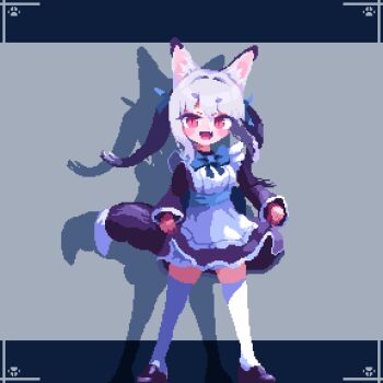 1girl animal_ear_fluff animal_ears animated animated_gif apron birdman46049238 black_dress black_footwear blue_ribbon blue_sash closed_mouth dancing dress fox_ears fox_girl fox_tail frilled_apron frills hair_between_eyes hair_ribbon highres kitsune long_hair looking_at_viewer looping_animation maid maid_apron open_mouth original puffy_sleeves red_eyes ribbon sash shadow simple_background solo tail thighhighs twintails white_apron white_hair white_thighhighs