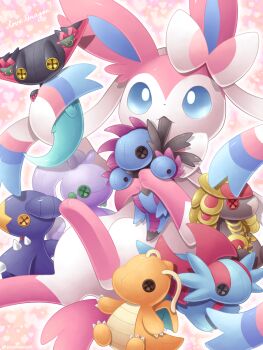 blue_eyes character_doll commentary_request doll dragapult dragonite dreepy garchomp gen_1_pokemon gen_3_pokemon gen_4_pokemon gen_5_pokemon gen_6_pokemon gen_7_pokemon gen_8_pokemon goodra highres holding holding_doll hydreigon kommo-o mouth_hold nintendo no_humans pokemon pokemon_(creature) salamence sasabunecafe solo sylveon toes