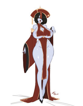 Rule 34 | 1girl, areola slip, black hair, black shoes, blush, breast curtains, breasts, china dress, chinese clothes, cleavage, cleavage cutout, clothing cutout, colored skin, dress, full body, green eyes, groin, hair over one eye, hat, highres, huge breasts, jiangshi, krass, long legs, looking at viewer, ofuda, ofuda on hat, ofuda on head, open mouth, original, pelvic curtain, purple skin, red dress, red hat, shoes, short hair, signature, simple background, solo, tongue, tongue out, white background