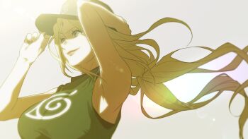 1girl blonde_hair breasts commentary_request facial_mark forehead_mark hat highres huge_breasts konohagakure_symbol korean_commentary large_breasts long_hair mature_female naruto_(series) nuhaudon old old_woman shirt sleeveless smile solo tsunade_(naruto)