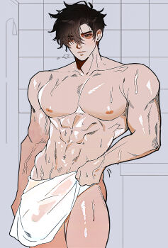 1boy absurdres aegyo_sal black_eyes black_hair breath broad_shoulders bulge covering_privates cowboy_shot curtained_hair hair_over_one_eye highres holding holding_towel indoors leaning looking_at_viewer male_focus meltoring motion_lines original pectorals short_hair shower_(place) solo strongman_waist tile_wall tiles towel veins water