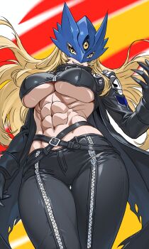 1girl abs absurdres beelstarmon belt black_belt black_pants blonde_hair blue_mask breasts digimon digimon_(creature) gt_(inesperados2013) highres large_breasts long_hair muscular muscular_female navel pants smile solo third_eye underboob yellow_eyes