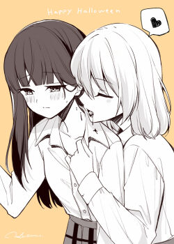 2girls blood blood_on_neck blush closed_mouth commentary_request fang greyscale_with_colored_background halloween happy_halloween hazuki_natsu heart long_hair medium_hair multiple_girls open_mouth original school_uniform spoken_heart vampire yellow_background yuri