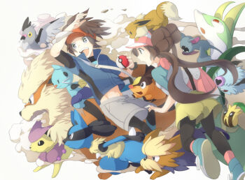 Rule 34 | 1boy, 1girl, arcanine, bag, black leggings, black pantyhose, brown hair, commentary request, danchi (pomechize), delcatty, dewott, double bun, duplicate, eevee, gen 1 pokemon, gen 2 pokemon, gen 3 pokemon, gen 4 pokemon, gen 5 pokemon, hair bun, herdier, holding, holding poke ball, jacket, leggings, long hair, lucario, nate (pokemon), nintendo, open mouth, pantyhose, pidove, poke ball, poke ball (basic), pokemon, pokemon (creature), pokemon bw2, raglan sleeves, ribbon, rosa (pokemon), serperior, shoes, shoulder bag, sneakers, sunkern, tepig, twintails, visor cap, woobat, zubat