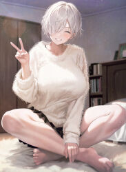 Rule 34 | 1girl, :d, ^ ^, bare legs, barefoot, between legs, black skirt, blush, book, bookshelf, bra strap, breasts, closed eyes, facing viewer, feet, fur sweater, grey hair, grin, hair over one eye, hand between legs, hands on feet, happy, indian style, indoors, kurono mitsuki, large breasts, lens flare, miniskirt, one eye covered, open clothes, open mouth, original, paid reward available, short hair, sidelighting, sitting, skirt, smile, sweater, toes, tomboy childhood friend (kurono mitsuki), v, white sweater
