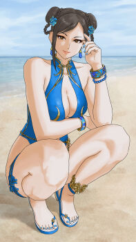 1girl bare_legs beach blue_one-piece_swimsuit bracelet braid braided_hair_rings breasts capcom chun-li cleavage double_bun earrings flower hair_bun hair_flower hair_ornament hair_rings highres jewelry large_breasts looking_at_viewer ocean official_alternate_costume one-piece_swimsuit outdoors solo squatting street_fighter street_fighter_6 swimsuit thigh_strap thighs x_chitch