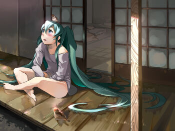 Rule 34 | 1girl, animal, animal on head, barefoot, bird, bird on head, blush, female focus, green eyes, green hair, hatsune miku, indian style, long hair, matching hair/eyes, nemeko, no panties, on head, sitting, solo, sparrow, twintails, veranda, very long hair, vocaloid