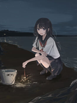 1girl :d beach black_eyes black_hair black_sailor_collar black_shoes black_skirt black_socks blue_sky bucket cloud commentary_request fireworks highres holding holding_fireworks loafers long_hair looking_at_viewer neckerchief night noanoa-iroha ocean open_mouth original pleated_skirt red_neckerchief sailor_collar sandals school_uniform senkou_hanabi serafuku shirt shoes short_sleeves skirt sky smile socks solo sparkler squatting water white_shirt