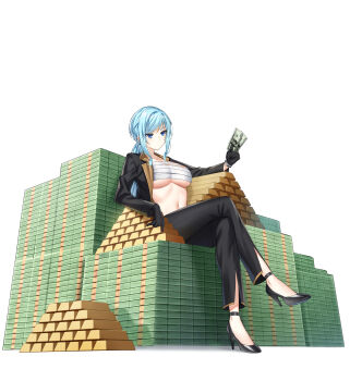 1girl black_gloves black_jacket black_pants black_shoes blue_eyes blue_hair breasts chest_sarashi closed_mouth closers crossed_legs expressionless gloves gold_bar high_heels highres holding holding_money jacket large_breasts long_hair looking_ahead low_ponytail money navel official_art open_clothes open_jacket pants ponytail sarashi shoes simple_background sitting solo stomach underboob violet_(closers) white_background