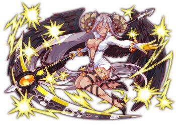 absurdly_long_hair angel_wings anime_coloring arm_behind_head artist_request baphomet_(crash_fever) black_footwear black_straps black_wings bracelet breasts brown_horns center_opening cleavage closed_mouth collar collarbone collared_jacket crash_fever cross-laced_clothes cross-laced_legwear curled_horns dark-skinned_female dark_skin full_body game_cg gold_bracelet grey_hair grin hair_between_eyes high_collar holding holding_scythe horns jacket jewelry large_breasts legs_apart long_hair looking_at_viewer navel number_print numbered o-ring o-ring_legwear o-ring_thigh_strap official_art open_hand outline partially_unzipped pointy_ears print_sleeve_cuffs red_outline scythe sleeves_past_fingers sleeves_past_wrists smile solo square square_print straight_hair strappy_heels tachi-e thigh_strap third-party_source tight_clothes transparent_background turtleneck turtleneck_jacket very_long_hair white_collar white_jacket white_sleeves wings yellow_eyes yellow_outline zipper zipper_pull_tab