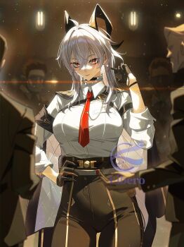 1girl black_choker black_gloves black_horns breasts chest_harness choker closed_mouth commentary cropped crowd curled_horns english_commentary gloves grey_hair hand_on_own_hip hand_up harness high-waist_pants highres horns jacket jacket_on_shoulders large_breasts libero_art light_particles long_hair looking_at_viewer necktie pants red_eyes red_necktie shirt shirt_tucked_in solo_focus tight_clothes tight_pants white_shirt wuthering_waves zani_(wuthering_waves)