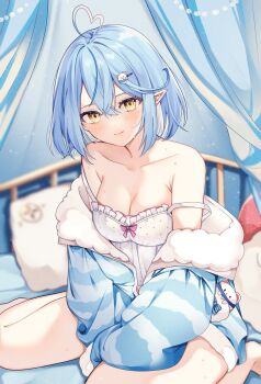 1girl ahoge bare_shoulders blue_hair blue_jacket blush bob_cut breasts capelet cleavage closed_mouth collarbone colored_tips commentary_request elf fluffy_clothes fur-trimmed_jacket fur_trim hair_between_eyes hair_ornament heart heart_ahoge highres hololive jacket large_breasts looking_at_viewer multicolored_hair norisukexxy official_alternate_costume official_alternate_hairstyle pointy_ears revision short_hair sitting smile solo streaked_hair virtual_youtuber white_capelet yellow_eyes yukihana_lamy yukihana_lamy_(roomwear)