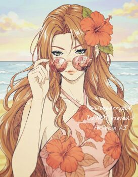 Rule 34 | 1boy, 1girl, adjusting eyewear, aerith gainsborough, alternate costume, bare shoulders, beach, black pants, breasts, brown hair, closed mouth, cloud, cloudy sky, final fantasy, final fantasy vii, floral print, flower, green eyes, hair ribbon, halterneck, hibiscus, hibiscus print, highres, medium breasts, monsterbf1ilove, ocean, pants, parted bangs, pink-tinted eyewear, pink shirt, red flower, reflective eyewear, ribbon, sephiroth, shirt, sidelocks, sky, solo, sunglasses, tinted eyewear, topless male, twitter username, wavy hair