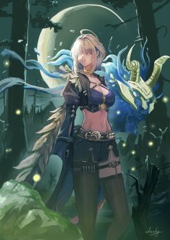 1girl ahoge black_jacket black_pantyhose black_shorts black_thighhighs blue_bra bra chimera_(wuthering_waves) chucky_(chucky1000sun) commentary_request crescent_moon cropped_jacket earrings galbrena_(wuthering_waves) grey_hair hair_intakes jacket jewelry medium_hair moon navel outdoors pantyhose parted_lips purple_eyes shorts sidelocks signature single_leg_pantyhose single_thighhigh stomach tacet_discord_(wuthering_waves) thighhighs underwear wuthering_waves