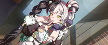 1girl absurdres ahoge aqua_nails bare_shoulders black_hair braid braided_twintails brick_wall china_dress chinese_clothes commentary_request corded_phone detached_sleeves dialyn_(zenless_zone_zero) double_bun dress earrings finger_to_mouth hair_bun hair_ornament hairclip hand_up head_tilt highres holding holding_phone id_card jewelry lens_flare long_hair looking_at_viewer multicolored_hair multicolored_nails necktie outdoors panda_hair_ornament parted_lips phone red_nails shushing solo sparkling_eyes split-color_hair upper_body white_dress white_hair wire yanagino_(yanagino3) yellow_eyes yellow_necktie zenless_zone_zero