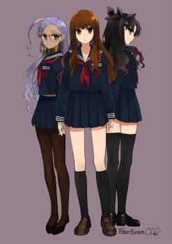 10s 3girls absurdres ahoge aqua_eyes bindi black_footwear black_hair black_ribbon black_serafuku black_socks brown_eyes brown_hair brown_legwear closed_mouth copyright_name dark-skinned_female dark_skin eyebrows facial_mark fate/extra fate/extra_ccc fate/grand_order fate/stay_night fate_(series) flats forehead_mark full_body girl_sandwich glasses hair_ornament hair_ribbon highres hita_(hitapita) holding_hands interlocked_fingers jewelry kishinami_hakuno_(female) kneehighs legs_apart light_frown loafers long_hair long_sleeves looking_at_viewer multiple_girls necklace pantyhose pleated_skirt profile purple_eyes purple_hair rani_viii ribbon rimless_eyewear ring ring_necklace sandwiched school_uniform serafuku shoes simple_background skirt smile socks standing thighhighs tohsaka_rin two_side_up zettai_ryouiki