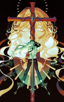 2girls aegyo_sal black_necktie chain clenched_teeth collared_shirt commentary cross english_commentary evie_(baoxiao) facing_viewer full_body gem glowing glowing_eyes glowing_hair green_hair green_shirt grin highres holding holding_sword holding_weapon jewelry jung_heewon long_hair multiple_girls necklace necktie omniscient_reader's_viewpoint planted planted_sword planted_weapon scales shirt size_difference smile spread_legs sword teeth uriel_(omniscient_reader's_viewpoint) wavy_hair weapon wide-eyed