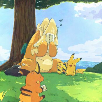 4others artist_name asaokirarenai95 bag blue_background blue_sky blush brown_background bush covered_eyes covered_face covered_mouth dragonite envelope gen_1_pokemon gen_2_pokemon grass green_background highres holding holding_envelope holding_paper looking_at_another mailbag mega_dragonite multiple_others nintendo o_o ocean on_grass open_mouth outdoors paper pichu pikachu pokemon pokemon_(creature) raichu shadow sitting sky sleeping sleeping_upright solid_circle_eyes standing tree water zzz