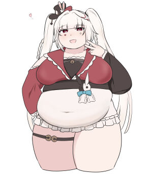 blonde_hair braid breasts fat fat_woman frilled_skirt frills hat heart heart_sticker honkai:_star_rail honkai_(series) long_hair mark_under_eye medium_breasts mini_hat mitsuki_(pbnuqd) open_mouth red_eyes red_shirt sash shirt side_braid skirt smile sparxie_(honkai:_star_rail) standing sticker thick_thighs thigh_strap thighs top_hat twintails v white_background white_skirt