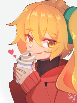 1girl akita_neru blonde_hair commentary cream cream_on_face cup food food_on_face hair_ornament heart highres holding holding_cup hood hood_down hoodie lica_(pixiv_104817545) licking_lips long_sleeves looking_at_viewer nail_polish portrait side_ponytail sleeves_past_wrists solo sweat sweater symbol-only_commentary tongue tongue_out turtleneck turtleneck_sweater vocaloid whipped_cream yellow_eyes