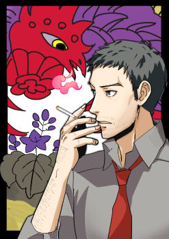 Rule 34 | 1boy, absurdres, ajirostudio, arm hair, black hair, cigarette, collared shirt, commentary request, doujima ryoutarou, facial hair, grey eyes, grey shirt, highres, holding, holding cigarette, male focus, necktie, parted lips, persona, persona 4, red necktie, shirt, short hair, solo, stubble, upper body