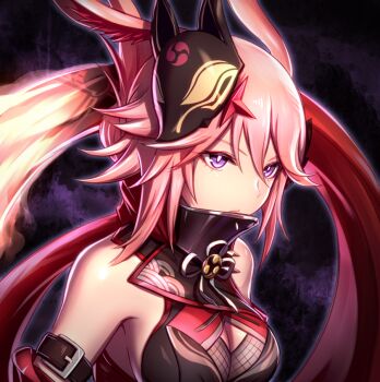 Rule 34 | 1girl, animal ears, bare shoulders, breasts, cleavage, closed mouth, commentary request, fox ears, fox mask, hair between eyes, hair ornament, honkai (series), honkai impact 3rd, mask, ninja, pink hair, portrait, purple eyes, revision, scarf, shinachiku (uno0101), solo, yae kasumi, yae sakura