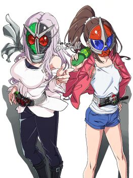 2girls baron_(varon666) breasts cleavage collarbone commentary_request cosplay fuuto_tantei highres kamen_rider kamen_rider_double kamen_rider_double_(cosplay) kamen_rider_w large_breasts long_hair looking_at_viewer mask multiple_girls pants ponytail purple_eyes purple_hair shirt signature simple_background tokime_(fuuto_tantei) white_background white_shirt
