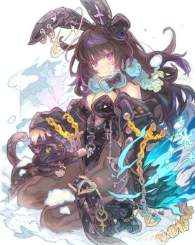 1girl animal animal_ears black_bow black_cat black_hairband black_hat black_jacket black_leotard black_shoes blue_scarf blush bow breasts brown_hair brown_pantyhose cat chain closed_mouth commentary_request commission copyright_request fake_animal_ears full_body hairband haku_(sabosoda) hat high_heels highres jacket leotard long_hair long_sleeves looking_at_viewer medium_breasts mini_hat mini_top_hat nail_polish off-shoulder_jacket off_shoulder pantyhose purple_eyes purple_nails rabbit_ears scarf scarf_bow shoes skeb_commission sleeves_past_fingers sleeves_past_wrists smile solo strapless strapless_leotard tilted_headwear top_hat very_long_hair