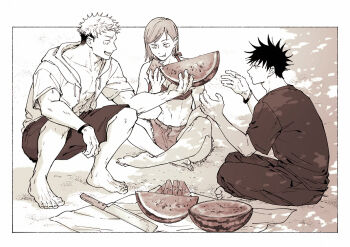 1girl 2boys bikini bikini_top_only border bracelet breasts closed_eyes closed_mouth commentary_request dappled_sunlight denim eating feet food fruit full_body fushiguro_megumi greyscale holding holding_food holding_fruit hood hood_down hoodie indian_style itadori_yuuji jewelry jj59u jujutsu_kaisen kugisaki_nobara looking_at_another monochrome multiple_boys navel open_clothes open_hoodie outside_border sand scar scar_on_face scar_on_forehead short_hair shorts sitting spiked_hair squatting sunlight swimsuit toenails toes undercut watermelon watermelon_slice white_border