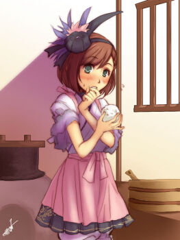 Rule 34 | blush, food, gracia (sengoku musou), green eyes, japanese clothes, kimono, medium hair, onigiri, pleated skirt, red hair, rice, sengoku musou, skirt, swept bangs