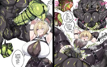 1girl absurdres breasts cum cum_in_pussy ethereal_(zenless_zone_zero) evelyn_chevalier fertilization geulimykun_(skbyunea413) green_penis highres huge_breasts huge_penis impregnation interspecies interspecies_impregnation large_testicles looking_at_penis monster ovum penis sperm_cell testicles zenless_zone_zero