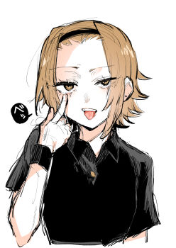1girl absurdres akanbe black_hairband black_shirt brown_eyes brown_hair collared_shirt commentary_request earrings eyelid_pull hairband highres jewelry k-on! shirt short_hair solo speech_bubble stud_earrings suzuo_(zuo) tainaka_ritsu tongue tongue_out translation_request upper_body